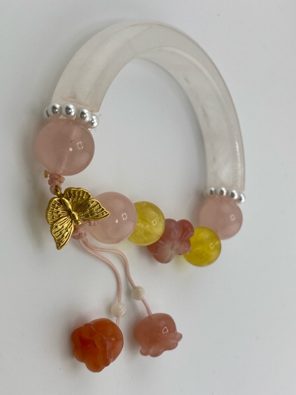 Pink and Yellow Beaded Flower Charm Bracelet with Gold Butterfly Accent - Picture 7 of 12